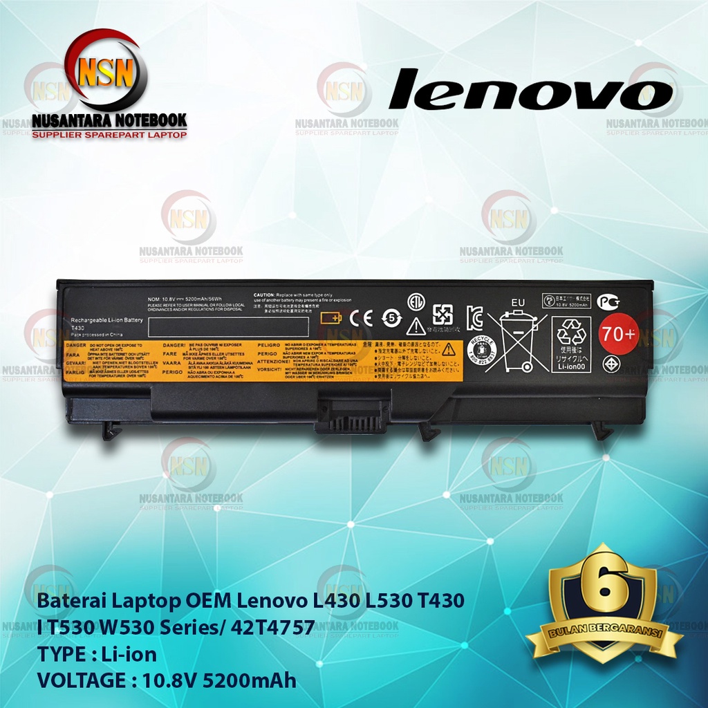 Baterai OEM Laptop Lenovo L430 L530 T430 Series 70+ 10.8V 5200mAh