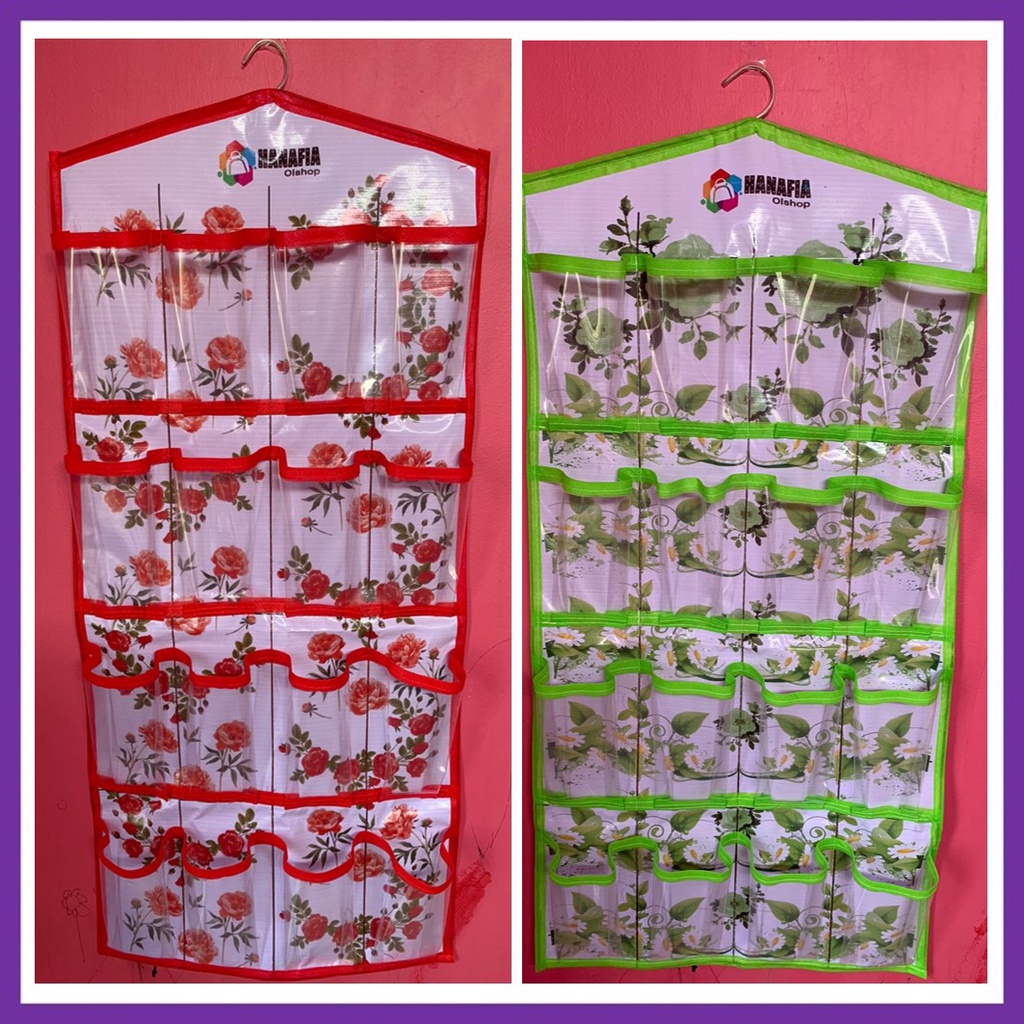 HANAFIA RAK DALEMAN GANTUNG | RAK DALEMAN KARAKTER BUNGA | RAK KAOS KAKI | GANTUNGAN CELANA DALAM 16 SEKAT POUCH HANGING ORGANIZER