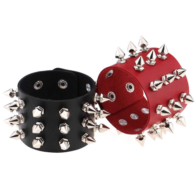 Gelang Bangle Kulit PU Hias Rivet Tiga Baris Gaya Punk Gothic Rock