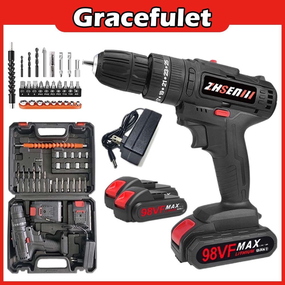 In stock Bor Listrik Bor Tanpa kabel 98V Set Lengkap Mata Bor Cordless Drill Full Set Of Drill Bits Bor Mesin Elektrik Set Reversible Mesin Bor Tangan Listrik