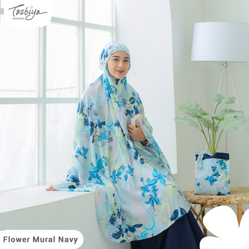 Mukena Tazbiya Flower Mural Series Green/Salem/Navi Jumbo Dewasa Katun Rayon Adem Motif Cantik Traveling