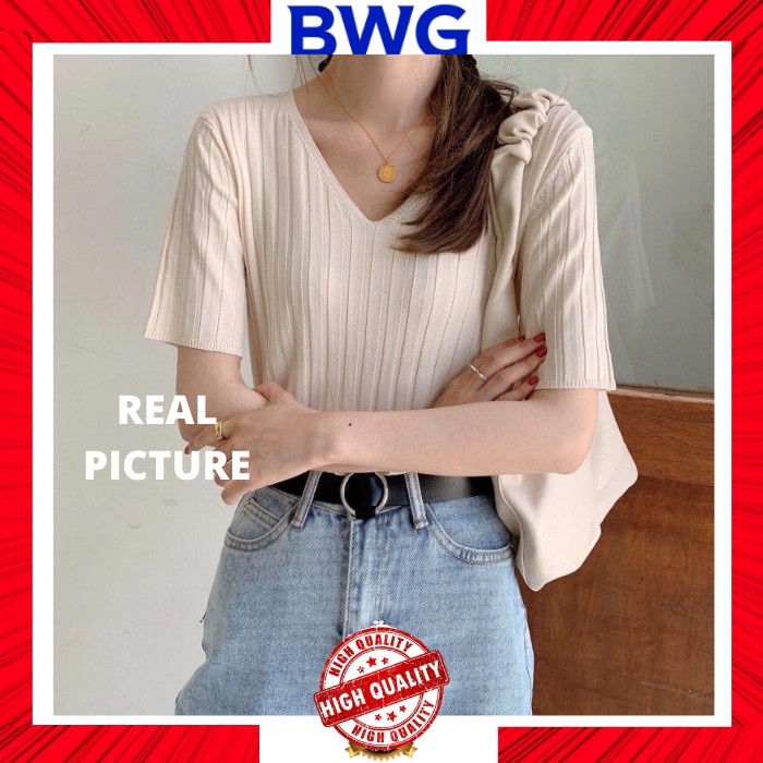 KOREAN OVERSIZED KNIT TOP V-NECK TOP BAJU KOREA ATASAN WANITA RAJUT - Cream