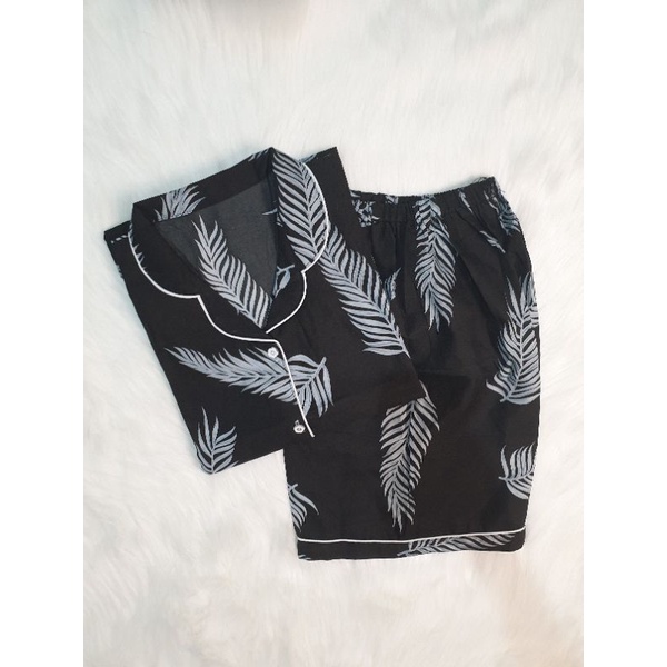 Baju Tidur Wanita/Piyama Wanita Dewasa Katun Motif Daun Part 3-HP MOCCA BLACK