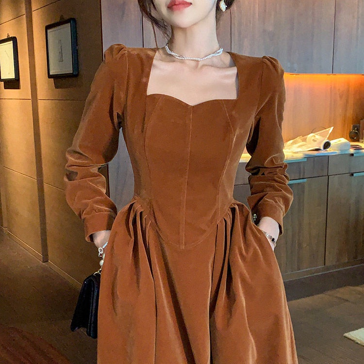 Retro Perancis awal musim gugur gaya kopi warna beludru gaun hepburn lengan panjang yang chic baru h