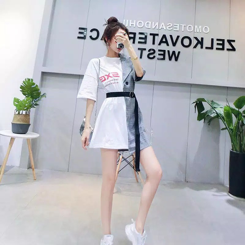 TBI Baju Midi Dress Harajuku Import Plaid Dress Asymmetric Kombinasi Outer Jas Dress Kpop