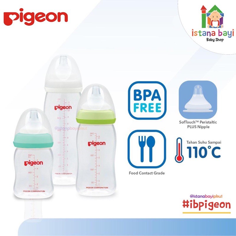 Pigeon Botol Gelas Wide Neck 160 ml W/P-Plus Nipple/Botol susu bayi
