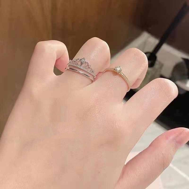 2in1 Cincin Model Terbuka Bahan Sterling Silver 925 Desain Mahkota + Hao Stone Untuk Wanita