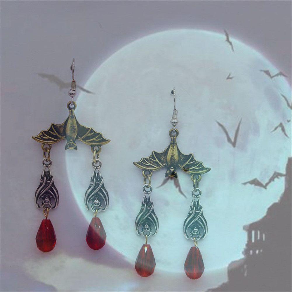 R-bunga Halloween Anting Logam Wanita Gantung Gaya Punk Gothic Retro Berlian Imitasi Merah