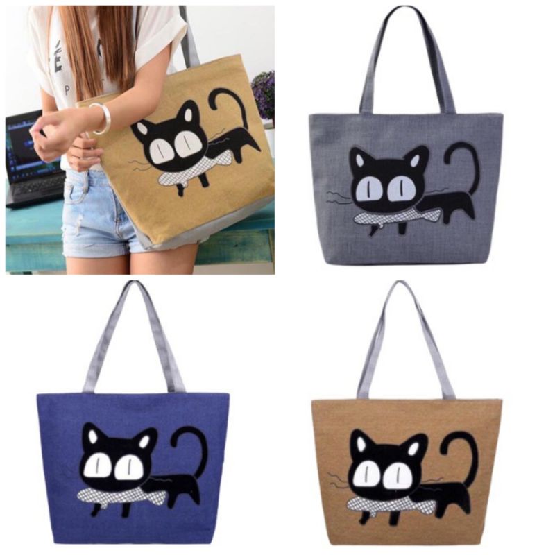 Tas Tote Bag Wanita Import Motif Kucing Lucu