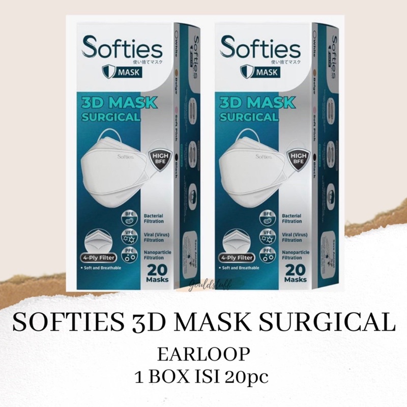 SOFTIES 3D MASK SURGICAL 4 PLY EARLOOP WARNA PUTIH BOX ISI 20PC / MASKER SURGICAL KF94 CONVEX