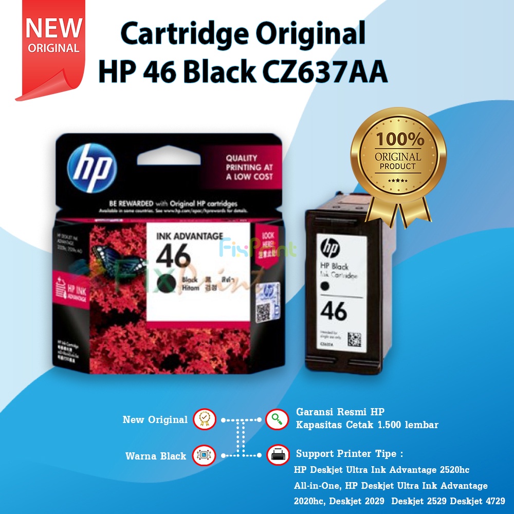 Cartridge HP 46 Black CZ637AA Refill Tinta Printer Deskjet Ink Advantage 2020hc 2520hc 2529 4729