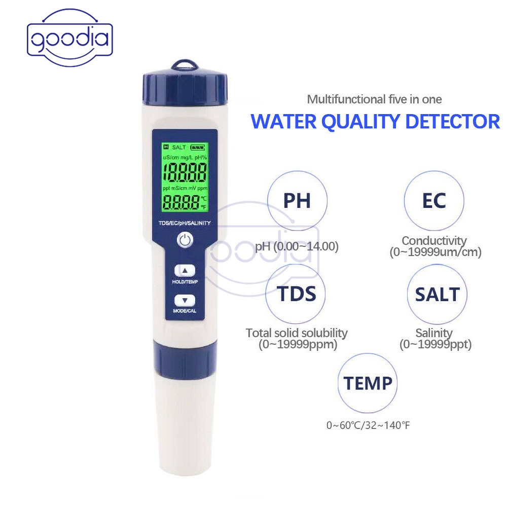 5 In 1 Tds / Ec / Ph / Salinity / Temperatur Meter Digital Untuk Mengukur Kualitas Air