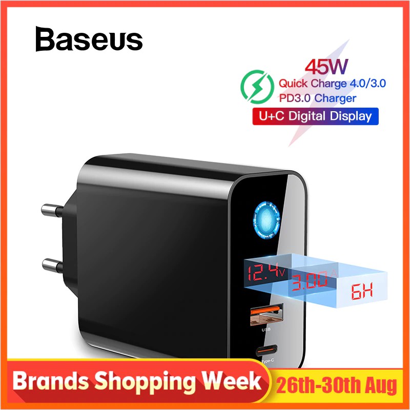 adapter Baseus Digital Display Quick Charge 4.0 3.0 USB Charger Smart Power-Off QC 4.0 3.0 Quick