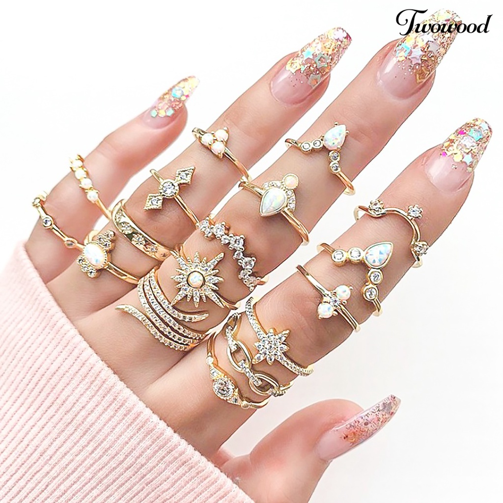 17pcs / Set Cincin Jari Permata Berlian Imitasi Gaya Bohemian Untuk Wanita