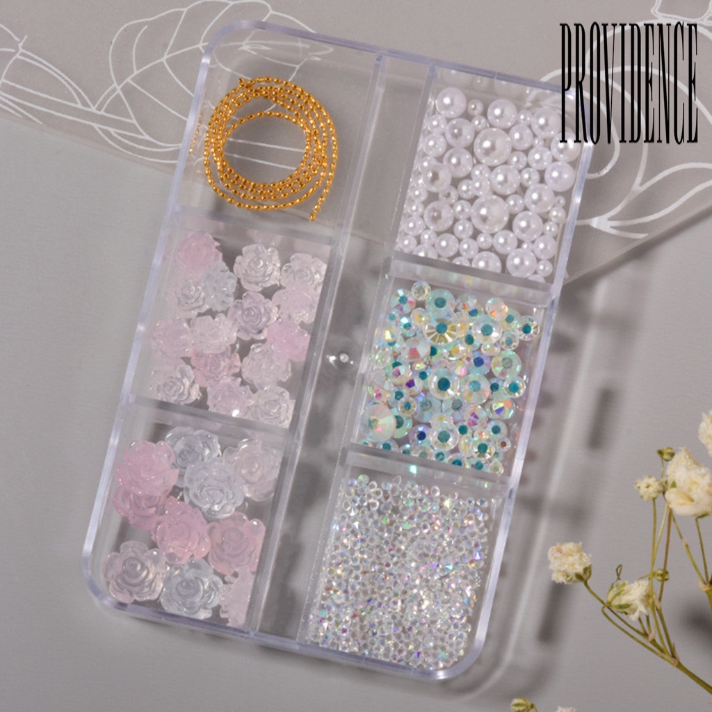 Providence 6 Sekat / Kotak Hiasan Kuku Bentuk Bunga Kamelia / Aurora / Mutiara Putih Untuk Nail Art Wanita