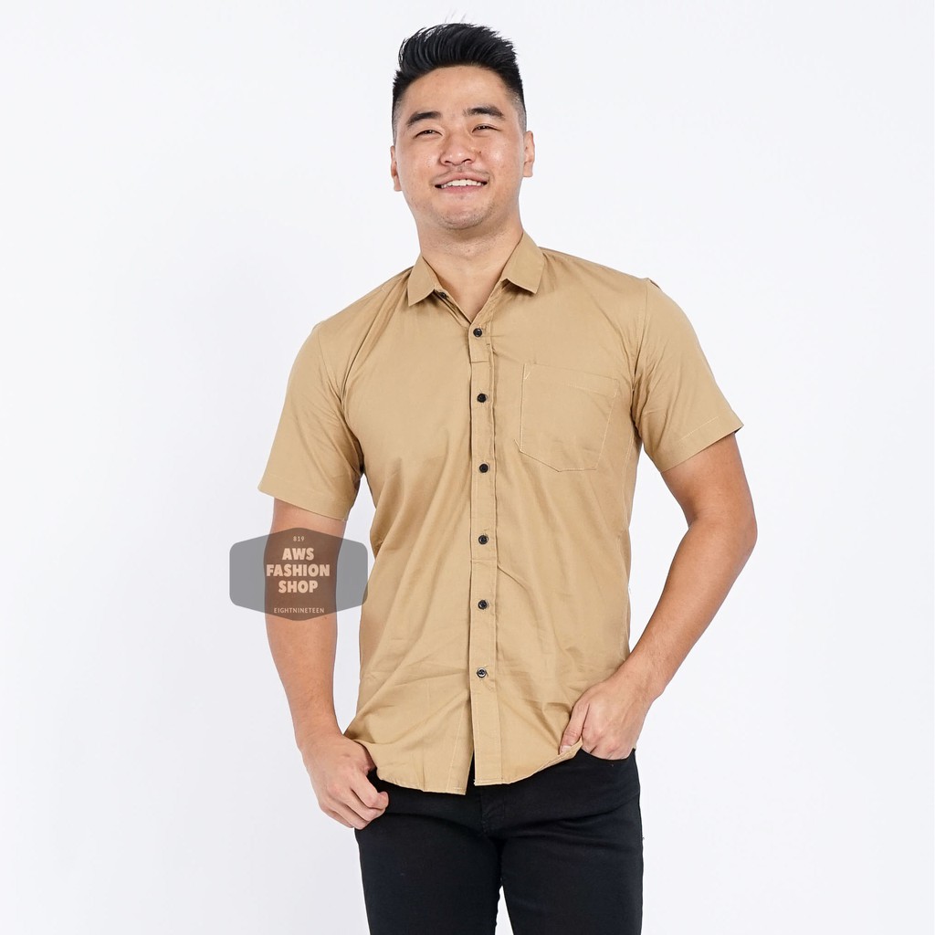 Kemeja Pria Lengan Pendek Polos Khaki Mocca Kemeja Slimfit Kemeja Polos Casual 819 - EightNineTeen