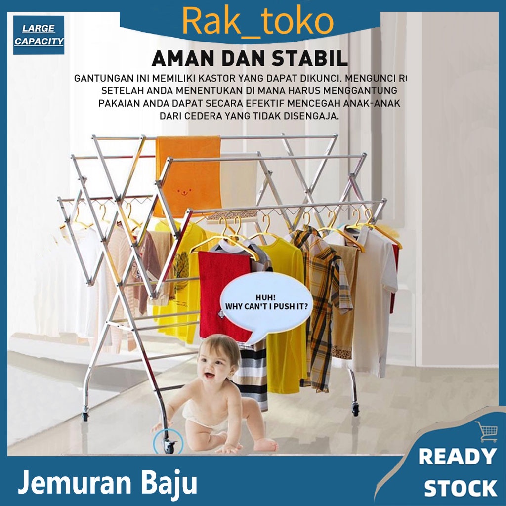 Jemuran Baju Stainless Steel Multi Bulat Tiang Besar Jemuran  Pakaian Baju Dapat Dilipat