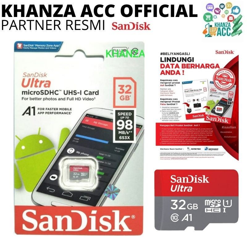 KHANZAACC Memory Card SanDisk Ultra MicroSD 32GB A1 98MB/s