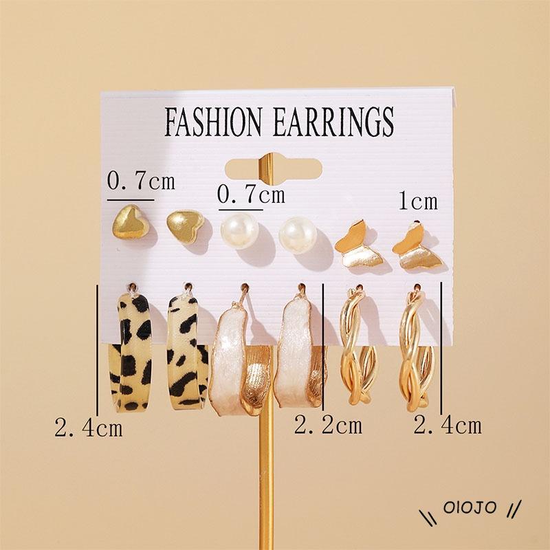 6 Pair/set Fashion Pearl Anting Leopard Print Bentuk Bulat Anting-Anting Pantai Perhiasan Aksesoris Wanita - ol