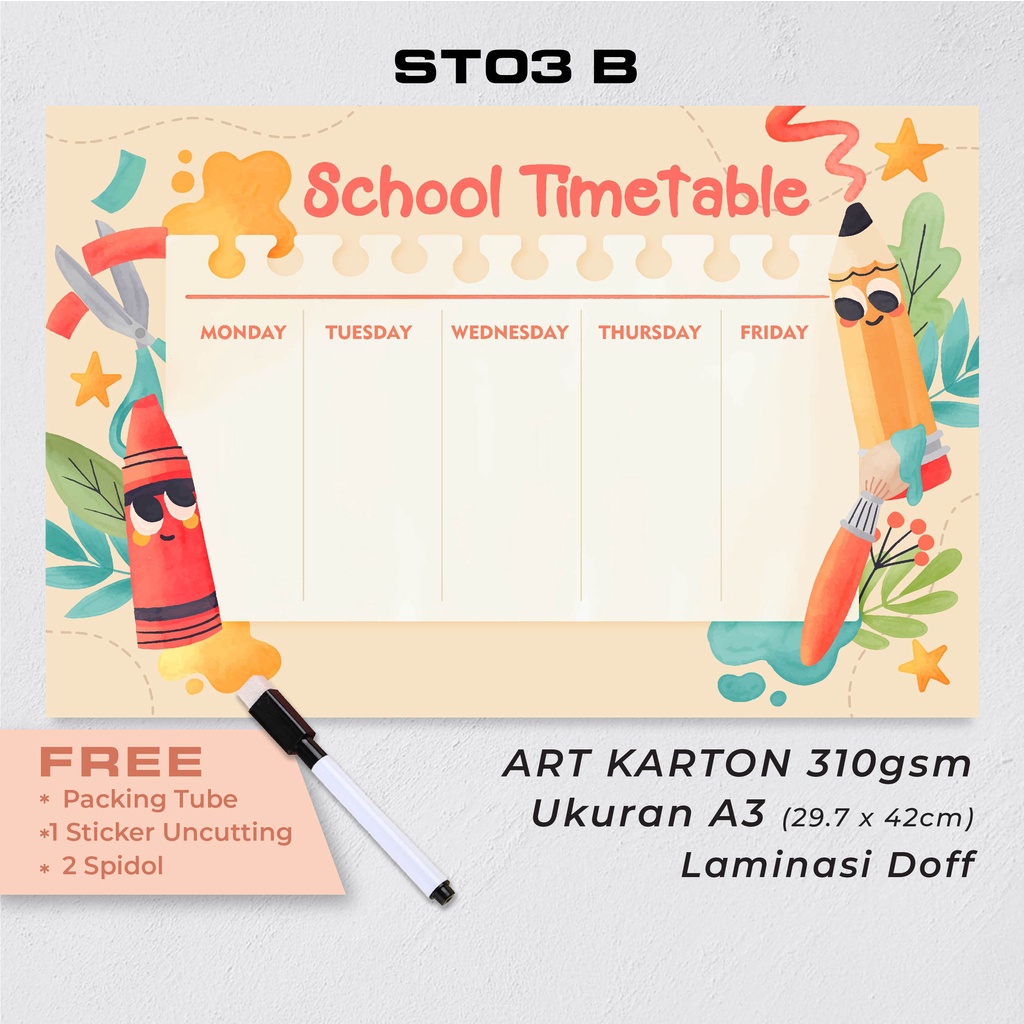 

Artomaringi Jadwal Pelajaran / School Timetable Poster Bonus Spidol Wipe and Clean ST03