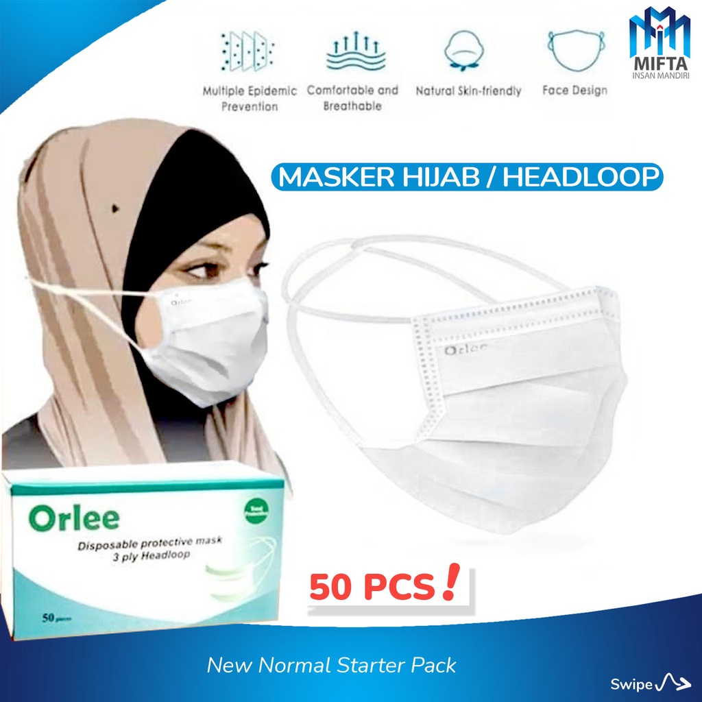 MASKER HEADLOOP HIJAB ORLEE 50PCS 3 PLY 3PLY MASKER HIJAB HEADLOOP