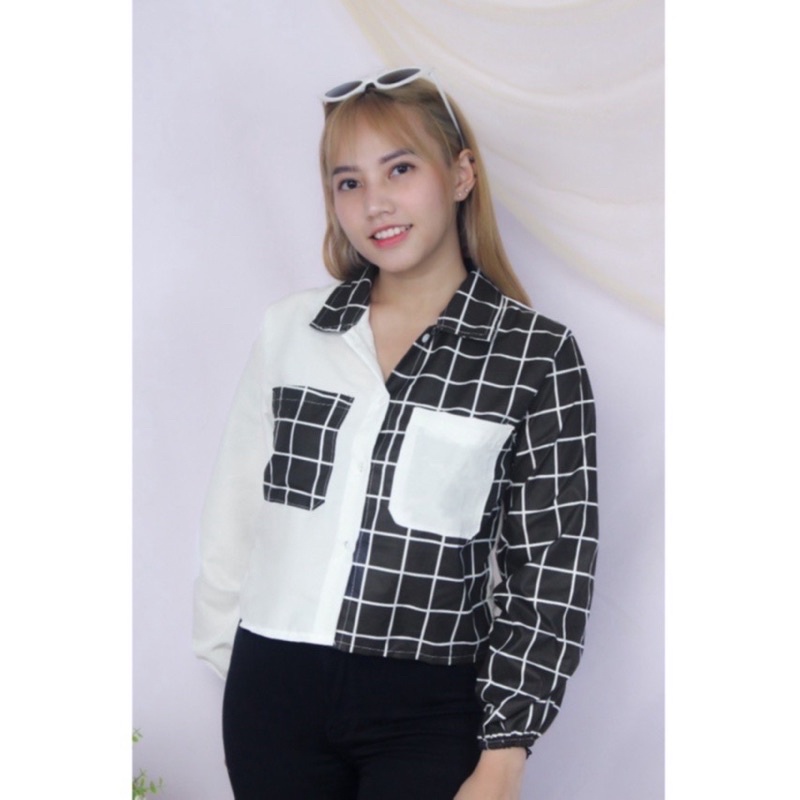 RD FASHION Mika Crop Top / KEMEJA CROP / kemeja TWO TONE / TARTAN KEMEJA CROP / TARTAN CROP-PTH SEGI HITAM