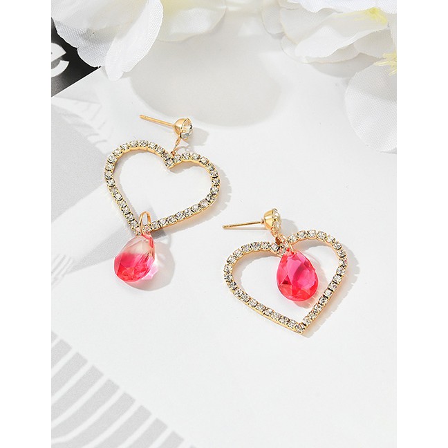 LRC Anting Tusuk Fashion Rose Red Asymmetrical Heart-shaped Diamond Drop Pendant Earrings F29750