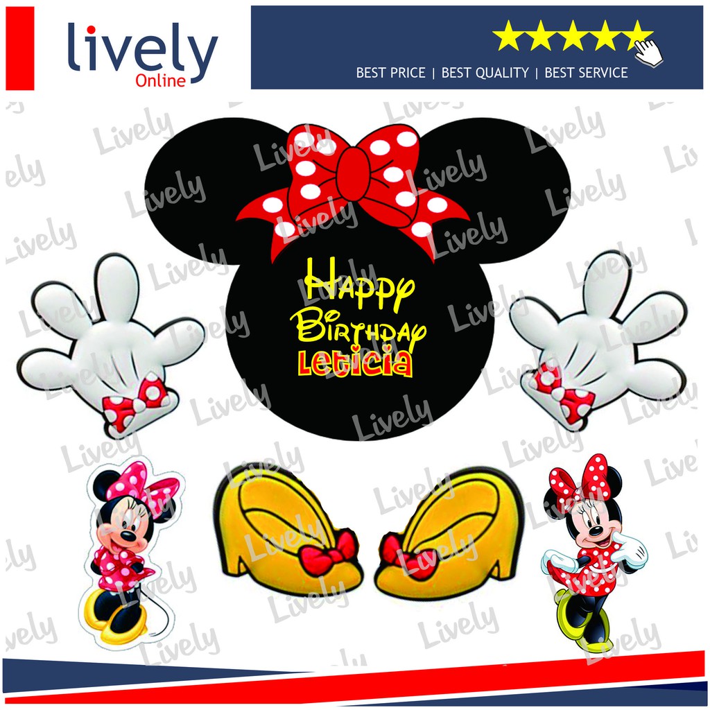 CAKE TOPPER KARAKTER HIASAN KUE HBD HAPPY BIRTHDAY CUSTOM NAMA MINNIE MOUSE set