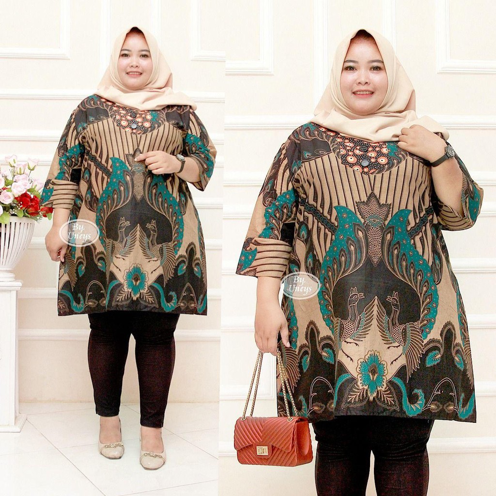 Tunik Batik Wanita Ukuran Jumbo LD 140cm Resleting Belakang Bahan Katun Adem Di Pakai Serap Keringat