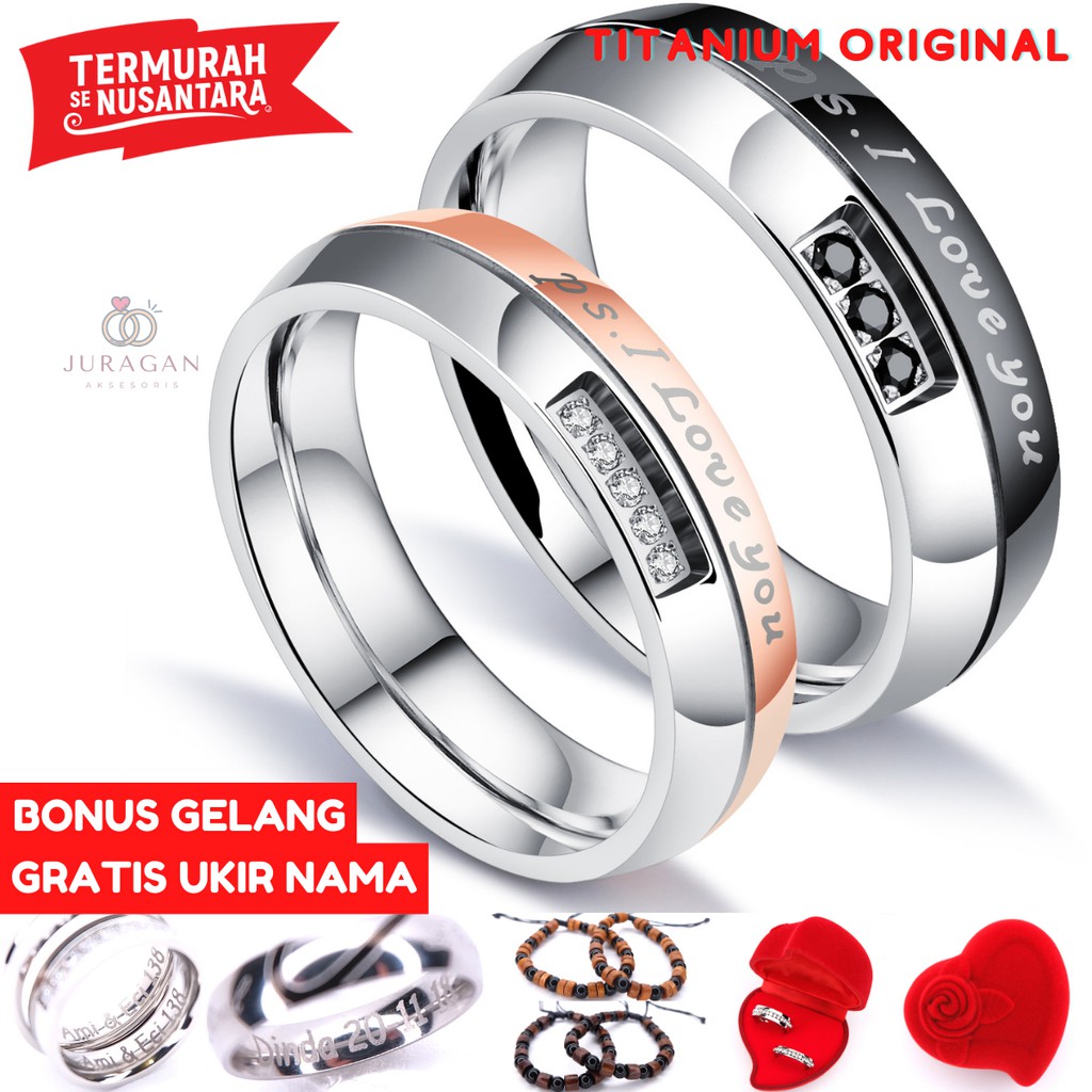 [AILOVIU] Cincin Couple Romantis R73 Titanium Ukir Nama Black Rosegold Unik Pria Wanita Tunangan Paladium Stainless Steel