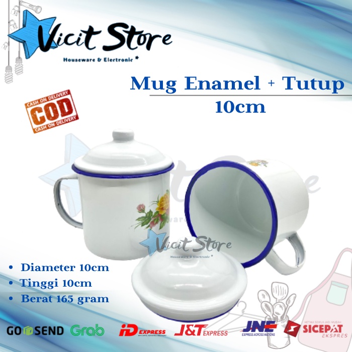 Mug Enamel 10cm + Tutup Motif Kembang/ Gelas Jadul Kembang 10cm +Tutup KODE C-382