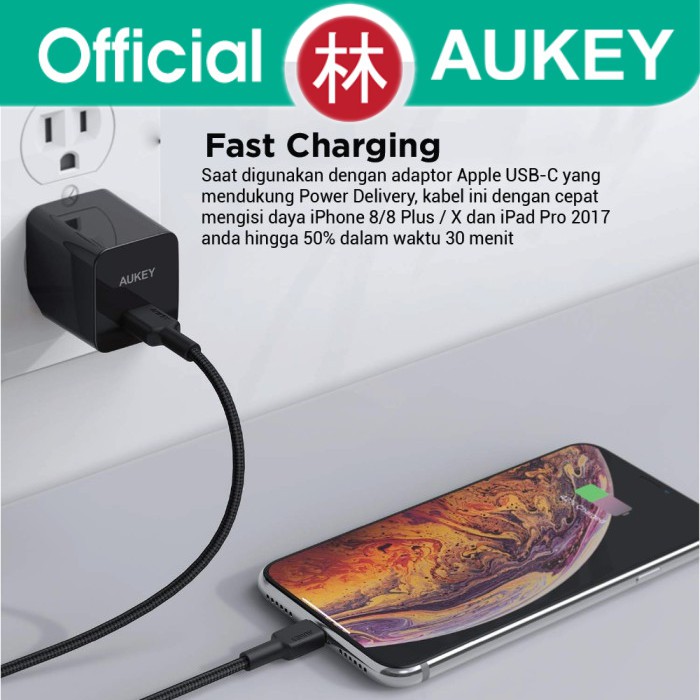 Aukey Cable CB-CL1 Braided Nylon MFi USB C to Lightning 1,2m