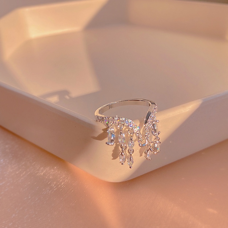 Cincin Model Terbuka Hias Zircon + Berlian Gaya Korea / Mewah Adjustable Untuk Wanita