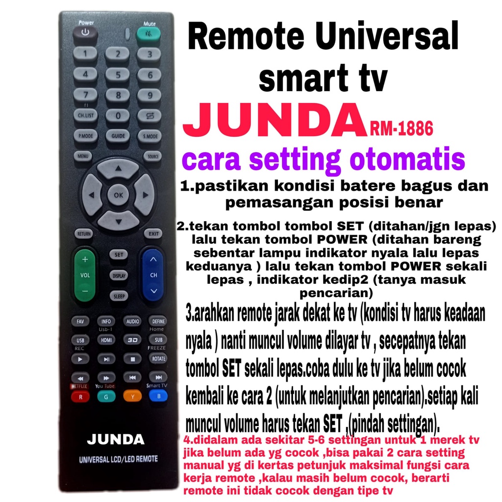 REMOTE LED TV UNIVERSAL BERBAGAI MEREK  REMOTE SMART TV UNIVERSAL JUNDA RM-1886