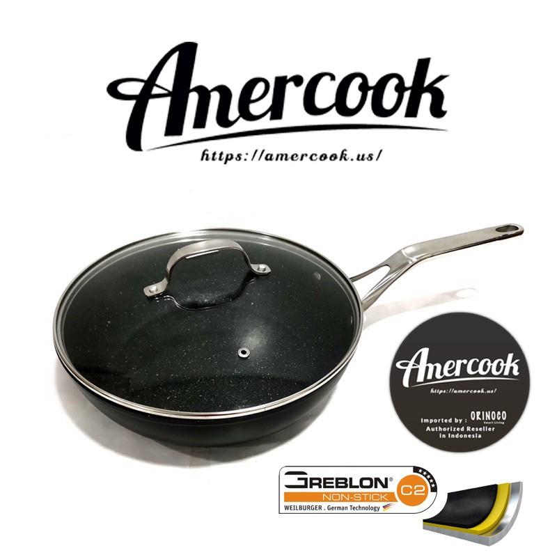 Set Presto Amercook Art Mary Wok with Glass Lid -Greblon C2 Black Ori 30cm.