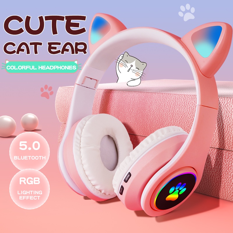 LED Color Light Cute Cat Ear Headphone with Mic B39M Foldable Wireless Headphones Bluetooth Earphone HiFi Stereo Headset Bluetooth Headset Gaming No Delay Henset Bloetooth