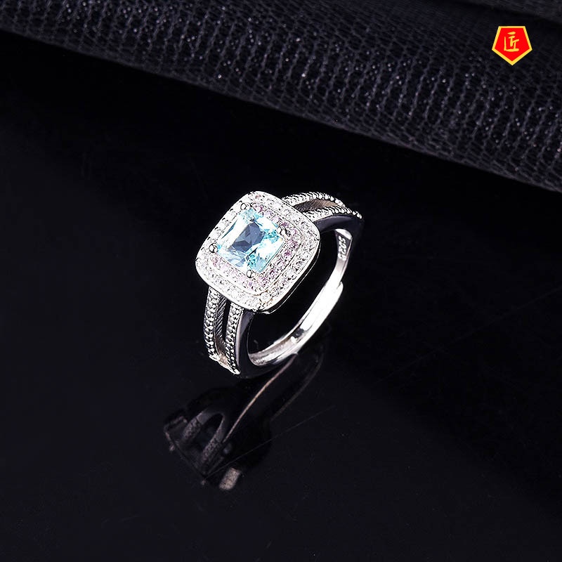 [Ready Stock]Luxury Full Diamond Topaz Sea Blue Diamond Ring