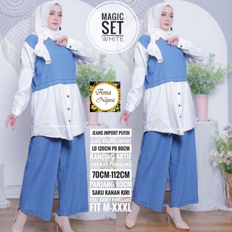 Magic One Set Setelan Celana Kulot Tunik Jeans Mix Katun Putih Ld 120 Jumbo Fit XXXL Busui Kancing B