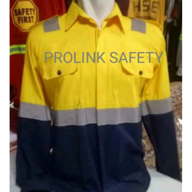 SERAGAM PROYEK BAJU SAFETY DONGKER KOMBINASI KUNING KAIN DRILL KANCING