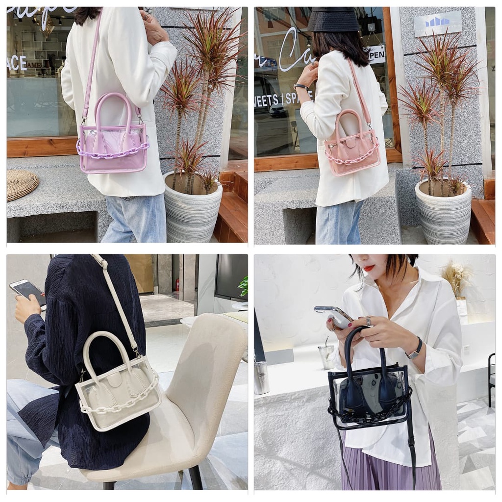 TAS SELEMPANG WANITA EUGENE TRANSPARAN FASHION KOREA KEKINIAN BENING TERBARU TERMURAH IMPORT SLING BAG BATAM