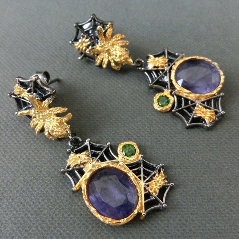 Anting Drop Juntai Handmade Desain Laba-Laba Aksen Batu Kristal Gaya Boho Vintage Untuk Halloween