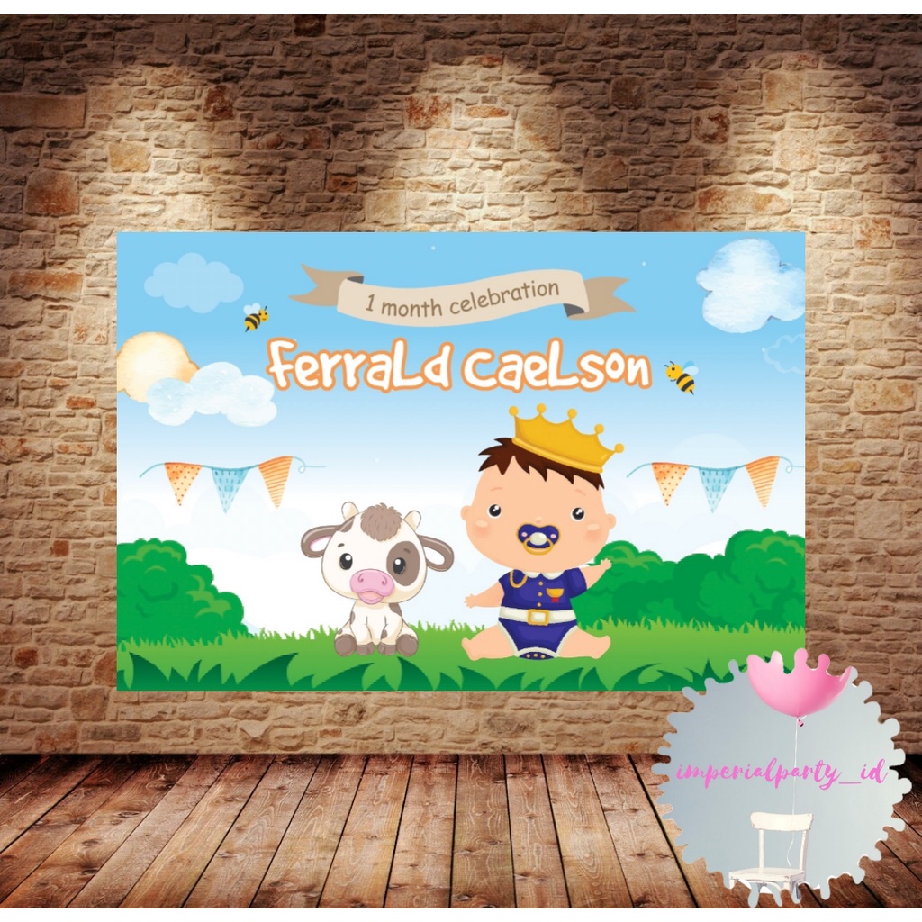 Custom Backdrop Banner Happy Birthday One Month Boy Cow Farm