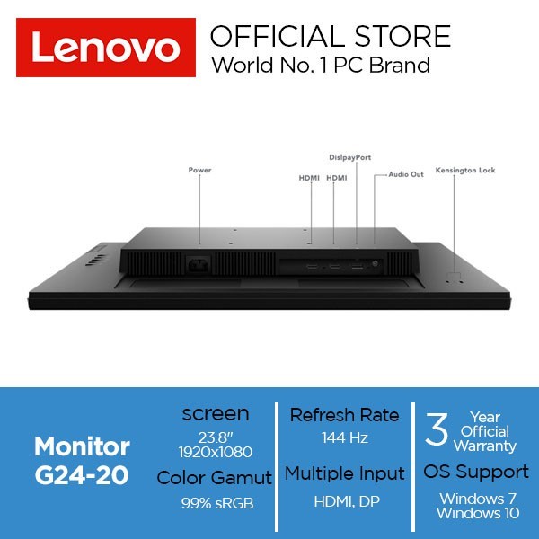 LED Monitor Gaming Lenovo G24-20 23.8&quot; FLAT FHD HDMI 144-165Hz Garansi