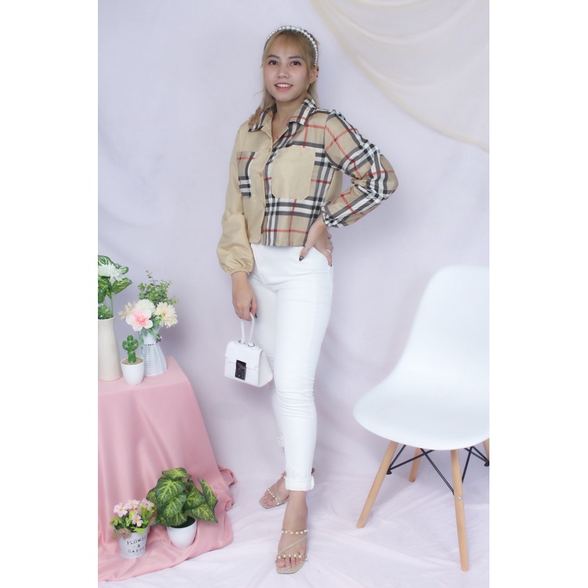 RX Fashion - Mika Crop Top Blouse // Shirt Top Tartan Two Tone // Kemeja Olive ( SPECIAL SALE - GRATIS ONGKIR )  - GA-COKSU- BB 240 COKSU