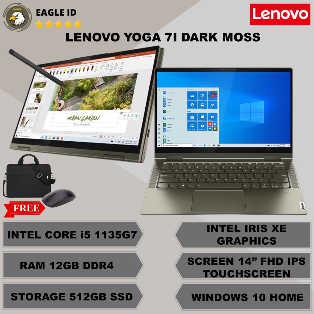 laptop touchcsreen 2in1 lenovo yoga 7i intel core i5 1135g7 ram 12gb 512gb ssd dark moss terbaru lap