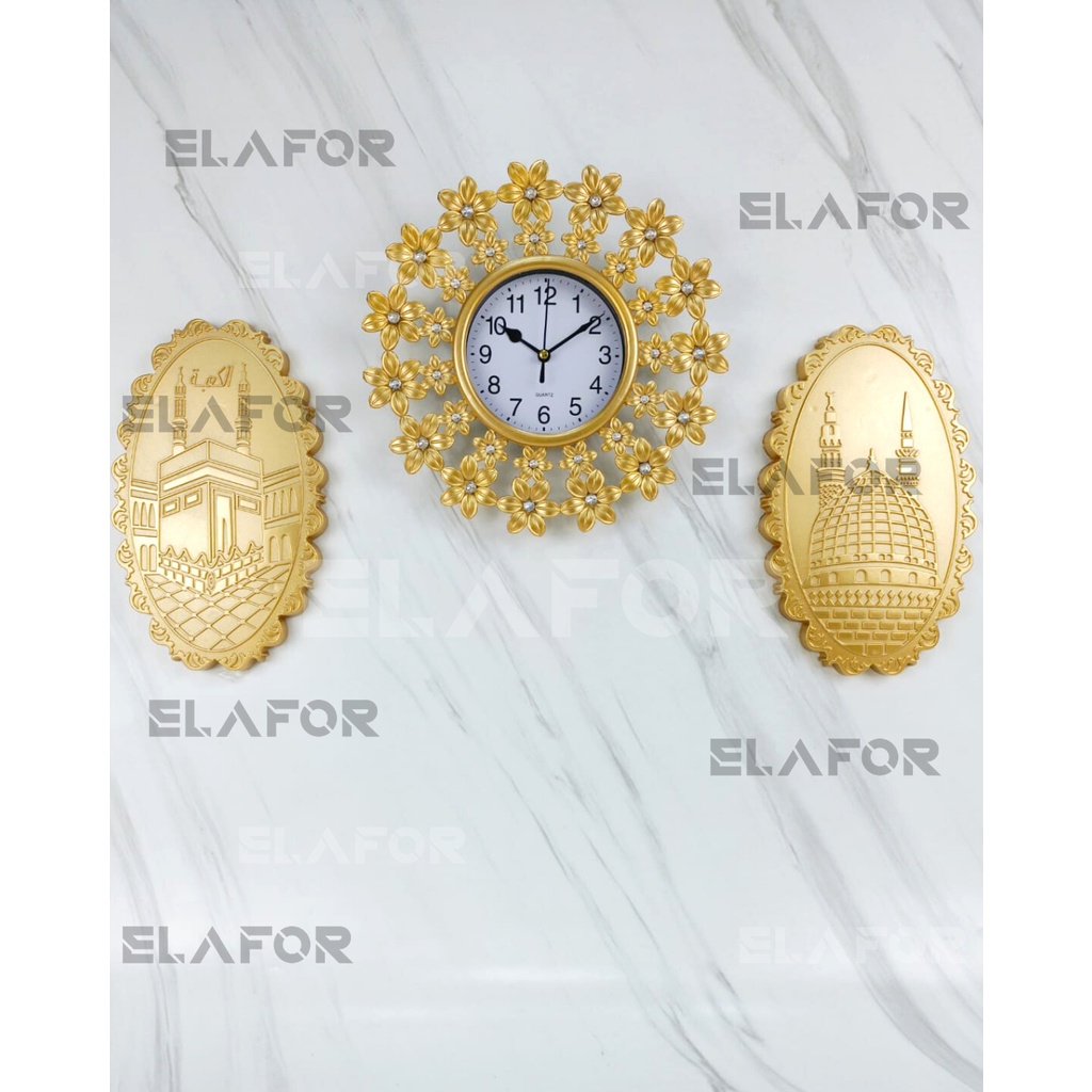 Jam Dinding Hias Islamic / Walldecor / Dekorasi Ka'bah Masjidil / Jam Informa Set 3in1 - Elafor Offi