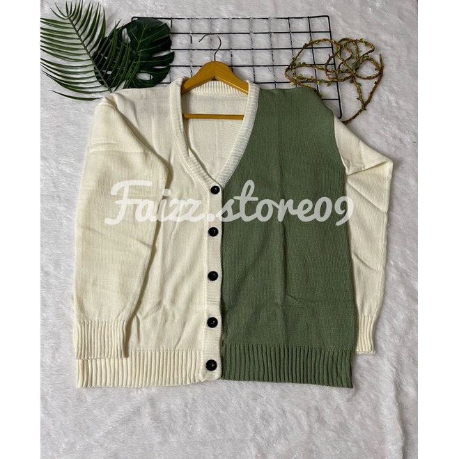 CARDIGAN RAJUT HARUTO TREASURE OUTFI/SWEATER CARDI KOREAN STYLE JAY HARUTO DOYOUNG IVORY/GREEN