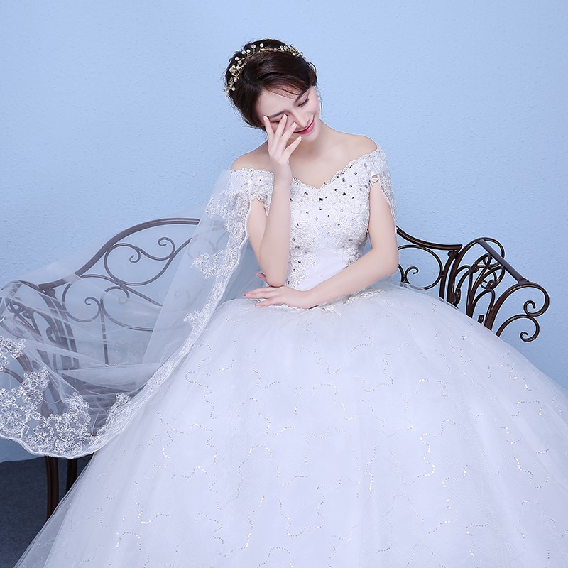 Import Wedding Dress Women Fashion Off Shoulder White and Red Long Tail Bridal Wedding Gown Dress