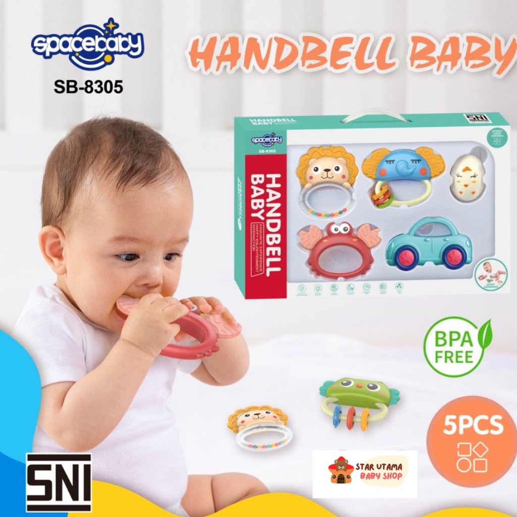Mainan Rattle Teether Gigitan Bayi Handbell Baby Spacebaby SB - 8305