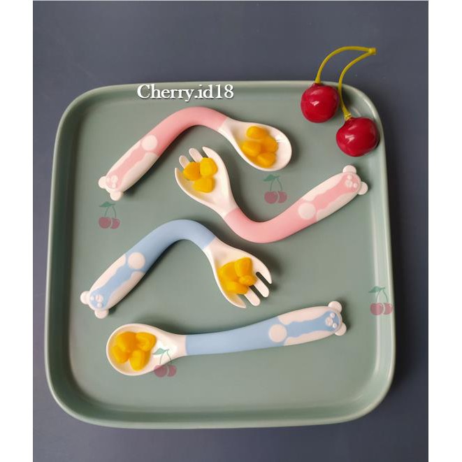 COD Set Sendok Dan Garpu Silicone Bayi / Set Latihan Makan + Garpu Dapat di Bengkokkan twistable